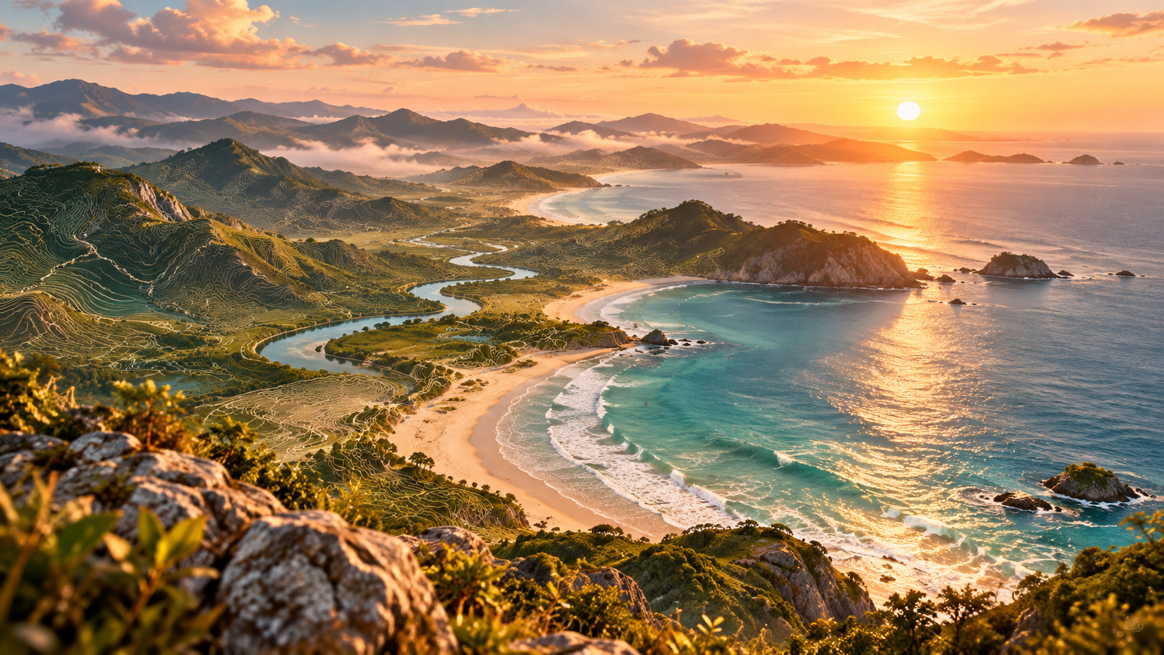A golden coastal landscape at sunset, with a winding river, beach, and open sea.